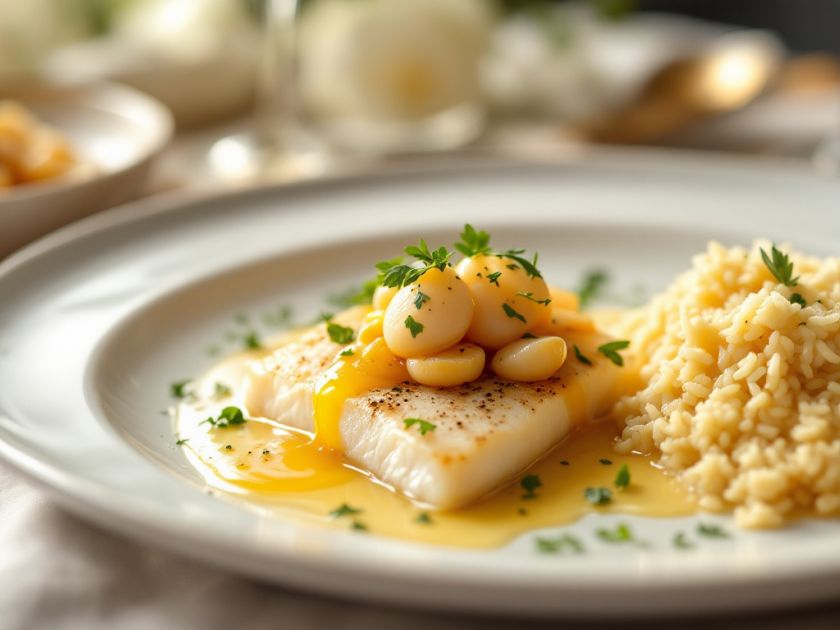 Filet de Seezunge mit einer Fricassée aus Jakobsmuscheln mit Honig