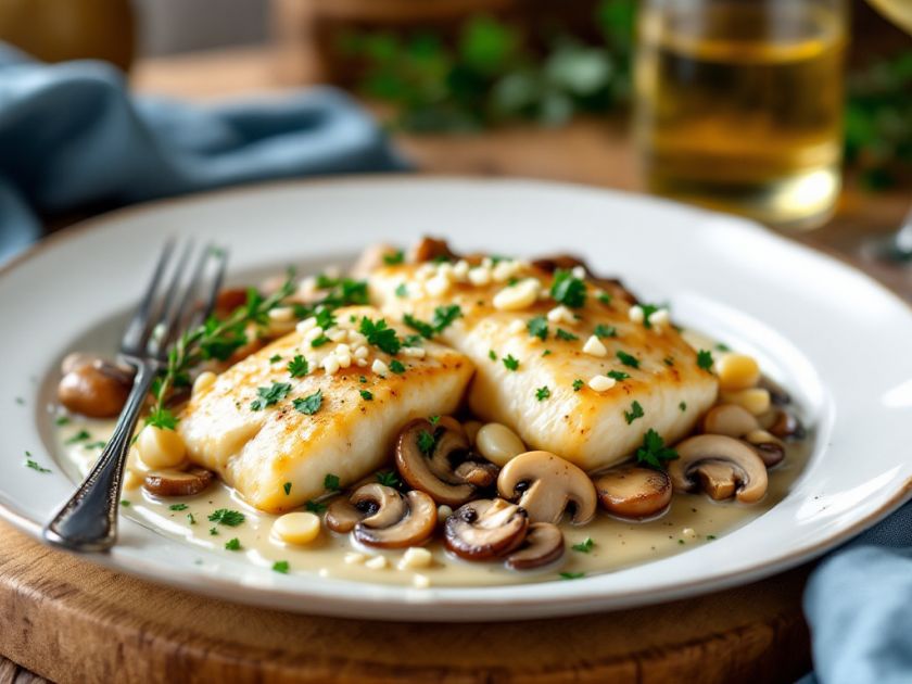 Hecht in Weißweinsoße und schmackhaften Champignons