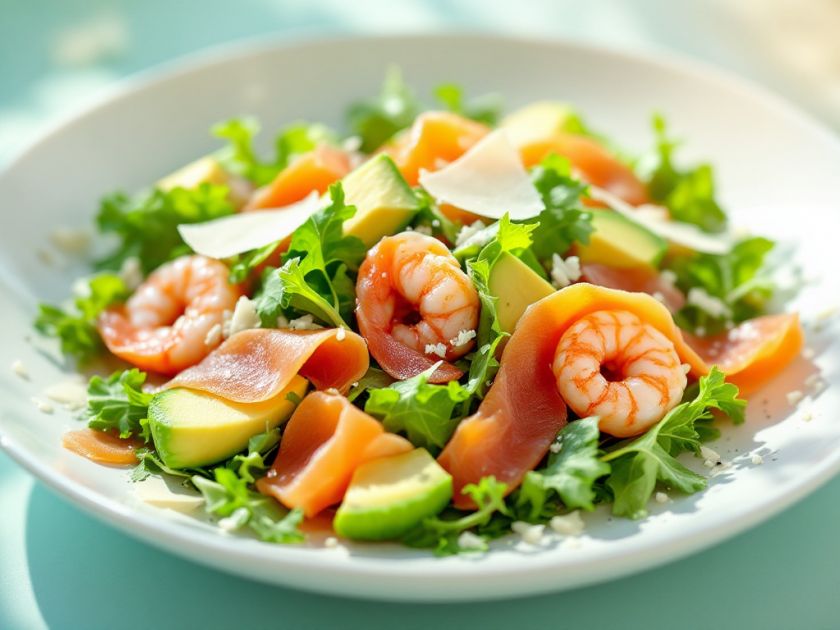 Salat Erde und Meer mit Garnelen und Räucherlachs