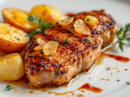 Würziger Entenbrust mit feinen gebratenen Kartoffeln und Äpfeln