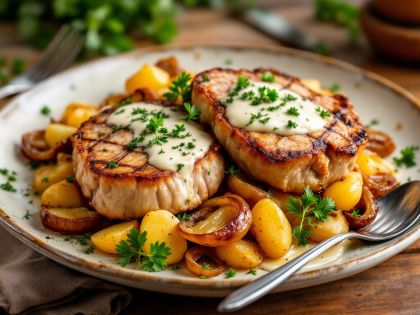 Schmackhafte Schweinekoteletts mit Röstkartoffeln