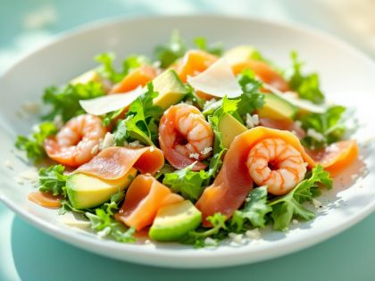 Salat Erde und Meer mit Garnelen und Räucherlachs